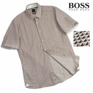 極美品 HUGO BOSS ヒューゴボス 半袖ドレスシャツ サイズM 総柄 ホワイト ブラウン オレンジ ピンク 春夏 美シルエット regular fit A2484