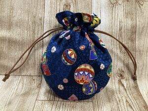 巾着袋 巾着　和柄　手毬　扇子　丸底　ハンドメイド ミニ巾着 drawstring bag handcrafted ラメ加工