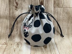 巾着袋 巾着　鹿　ドット　メガネ　丸底　ハンドメイド ミニ巾着 drawstring bag handcrafted echinoの布使用