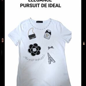 ELEGANCE PURSUIT DE IDEALプリントカットソー 黒ラインストーン 半袖Tシャツ ホワイト