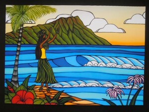 A4 額付き ポスター ハワイ 踊り フラダンス hula ダイヤモンドヘッド 南国 アロハ hawaii surf アート 