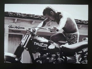 A4 額付き ポスター Steve McQueen スティーブマックイーン Triumph バイク キック スタート 写真