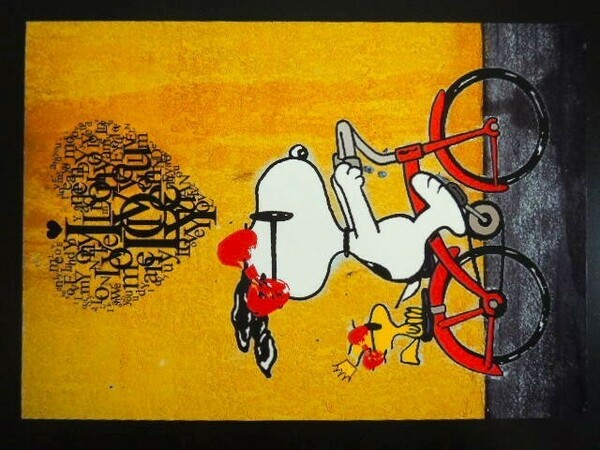 A4 額付き ポスター スヌーピー 自転車 ウッドストック ビッグ リボン LOVE アート 