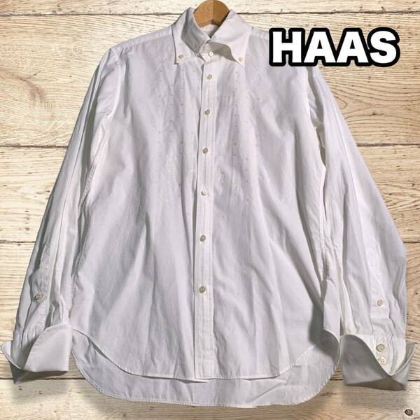 HAAS 日本製 長袖シャツ ドレスシャツ 白蝶貝ボタン 襟高 ボタンダウン Lサイズ 白シャツ 