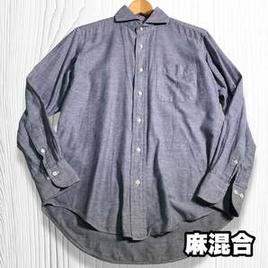 ジュンコシマダ 麻混合 長袖シャツ ウイングカラー ビジネスシャツ Mサイズ ブルー ネイビー