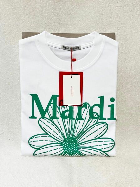 マルディメクルディ　Tシャツ 白 花びら　緑 文字　Mardi