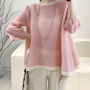  lady's tops pleat shirt feel of .. ventilation .. elasticity equipped cool neck join cheap adult pretty da-k pink 