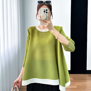  lady's tops pleat shirt feel of .. ventilation .. elasticity equipped cool neck join cheap adult pretty da-k green 