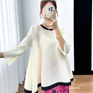  lady's tops pleat shirt feel of .. ventilation .. elasticity equipped cool neck join cheap adult pretty da-k beige 