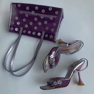 miumiu 1999 archive metallic lilac floral mesh(tote bag+pumps)2 point set 