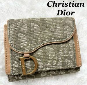 1円〜 ChristianDior クリスチャンディオール サドル 三つ折り財布 トロッター 総柄 D金具 レザー キャンバス カーキ ベージュ イタリア製