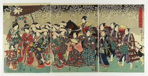 Art hand Auction Tríptico de Gyōretsu disfrutando de la observación de los cerezos en flor (Retrato de mujeres hermosas y costumbres) de Toyokuni, Cuadro, Ukiyo-e, Huellas dactilares, pintura kabuki, Cuadros de actores