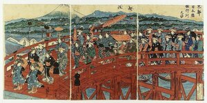Art hand Auction Una procesión de mujeres jóvenes en el puente Nihonbashi en la capital oriental, tríptico de Teisai Sencho, Cuadro, Ukiyo-e, Huellas dactilares, pintura kabuki, Cuadros de actores