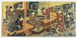 Art hand Auction Four Seasons Poems: Summer Pleasures, Triptych (Genji-e) by Kuniteru, Painting, Ukiyo-e, Prints, Kabuki painting, Actor paintings