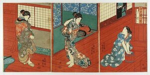 Art hand Auction Edo Sugata Hakkei: Un tríptico de baño (título provisional: Retrato de una bella mujer, Modales, etc.) por Kunisada, Cuadro, Ukiyo-e, Huellas dactilares, pintura kabuki, Cuadros de actores