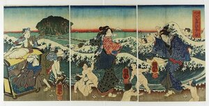 Art hand Auction A triptych of spring at Enoshima in Sagami Province, painted by Hosetsu, Painting, Ukiyo-e, Prints, Kabuki painting, Actor paintings