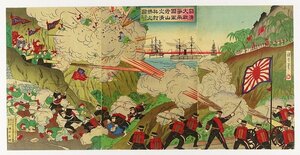 Art hand Auction Tríptico: Ejército Imperial repeliendo a los soldados Qing en Asan durante la Primera Guerra Sino-Japonesa (Primera Guerra Sino-Japonesa) de Umedo, Cuadro, Ukiyo-e, Huellas dactilares, pintura kabuki, Cuadros de actores