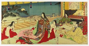 Art hand Auction 吉野皇居的席上赏月, Shuen 的三联画(源氏绘), 绘画, 浮世绘, 印刷, 歌舞伎绘画, 演员画作