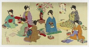 Art hand Auction A Sewing Professor: Triptych (Portrait of a Beautiful Woman and a Mannerism) by Ginkoga, Painting, Ukiyo-e, Prints, Kabuki painting, Actor paintings