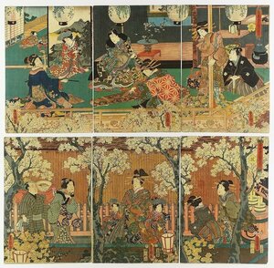 Art hand Auction Flowers from the Azuma Genji Setsugekka series, six-panel series, painted by Toyokuni III, Painting, Ukiyo-e, Prints, Kabuki painting, Actor paintings