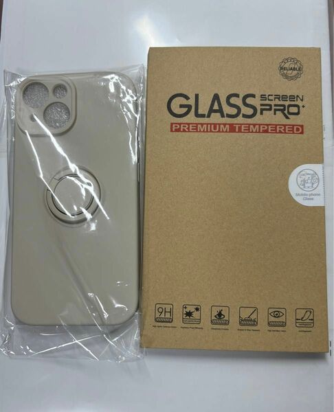 アイフォン 15 スマホケース　リング付　シリコン　アイボリー　新品　ガラスフィルム付