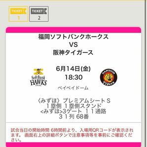 福岡ソフトバンクホークス VS 阪神タイガース 6月14日(金) 18:30 ペイペイドーム チケット２枚