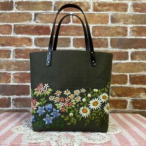 ハンドメイド　手刺繍　リネン　スイスアルプスの花　本革持ち手　トートバッグ