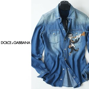 dn600* Dolce & Gabbana * rare handmade embroidery badge * soft Denim western shirt * hard-to-find neck around 37 size * small ..