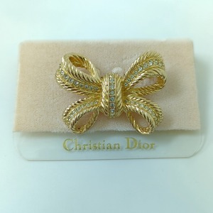  Christian Dior ribbon brooch rhinestone Gold color 