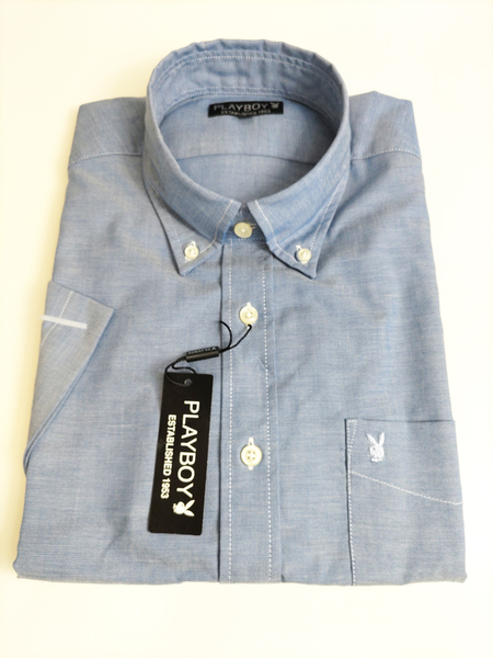 PLAYBOY 半袖 カジュアルシャツ Lサイズ ボタンダウン ピンオックス ブルー 新品 綿100％ 22PB004M-2