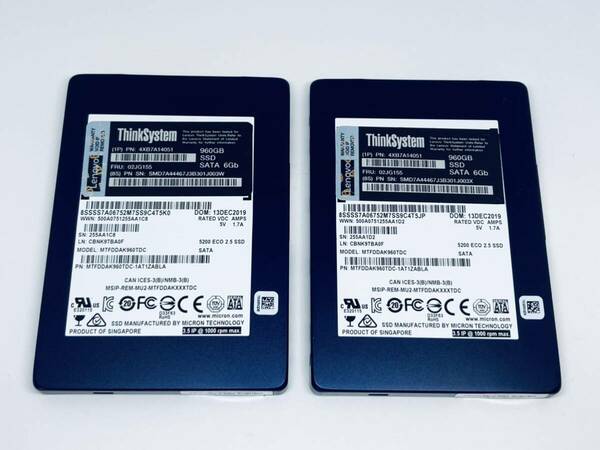 ★エンタプライズ向け耐久SSD★MICRON 5200 ECO 2.5 SATA SSD 960GB 2台セット（FRU:02JG155）★使用時間:15786時間,電源投入:276回