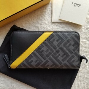 新品 FENDI フェンディ FFロゴ ファブリック ジップ 長財布 グレー/イエロー 7M0210A9XSF0R2A