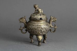 【久】2008 在銘　白銅獅子摘三足香炉　時代品　　唐物　中国美術　