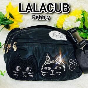 激レア●LALACUB●Pebbly●ネコ●ボディバッグ●ラインストーン●ナイロンバッグ●ブラック●レディース●ショルダーバッグ●