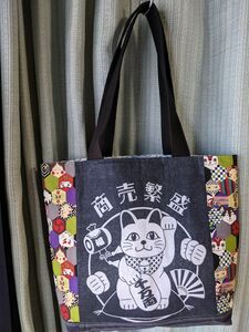 ハンドメイド　商売繁盛　招き猫　シンプルトートバッグ②