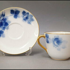 1470-大倉陶園◆ブルーローズ カップ＆ソーサー モーニング 金彩 OKURAの画像2