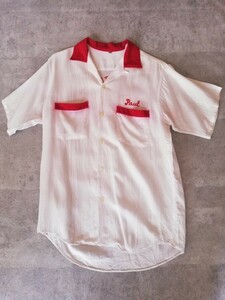 60s 70s ボーリングシャツ ヴィンテージ 白 赤 S 半袖シャツ オープンカラー 開襟 USA 50s ロカビリー レーヨン コットン