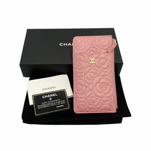 【良品】シャネル CHANEL カメリア ラムスキン フォン&カードケース ピンク フォンケース カードホルダー フラグメントケース