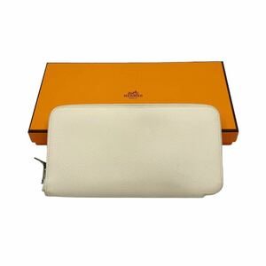 【良品】エルメス HERMES アザップロング シルクイン ヴォーエプソン ラウンドファスナー 長財布 ホワイト × ブラウン