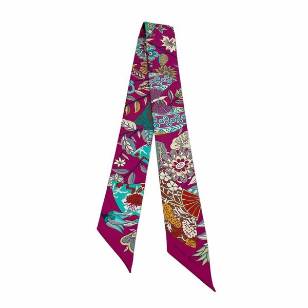【美品】エルメス HERMES ツイリー Fleurs et Papillons de Tissus 花咲く織物 シルク スカーフ パープル ツイリースカーフ