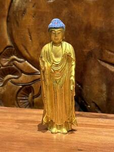 置物 木彫り 仏像 彫刻 仏教美術 骨董 木彫 時代物 阿弥陀如来　金塗