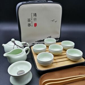 中国茶器フルセット　便利な収納ケース付き【ライトミントグリーン】◆茶器薄緑フルセット　　　　　【ライトミントグリーン】◆