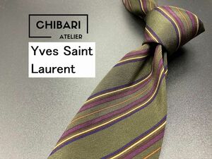 【美品】Yves Saint Laurent　サンローラン　レジメンタル柄　ネクタイ　3本以上送料無料　グリーンブラウン　0501222