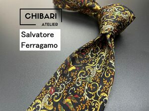 【美品】Salvatore Feragamo　フェラガモ　花柄　ネクタイ　3本以上送料無料　ブラックネイビー　0503270