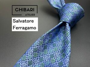 【新古品】Salvatore Feragamo　フェラガモ　花柄　ネクタイ　3本以上送料無料　ブルー　光沢　0504011