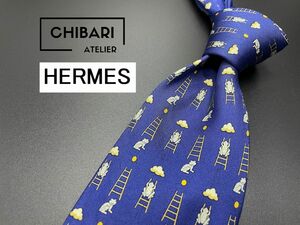 【美品】HERMES　エルメス　カエルさん柄　ネクタイ　3本以上送料無料　ネイビー　0504222