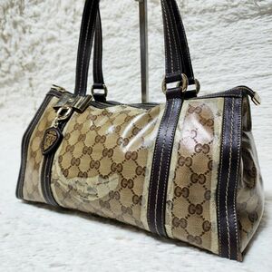 希少 ［美品］グッチ ドゥケッサ ミニボストン GGクリスタル GG柄 コーティング GUCCI GG柄 キャンバス ブラウン系