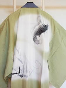 with translation * free shipping!!.[ gentleman book@ silk flat . single . for summer long kimono-like garment ]* length 142,5cm*.68,0cm*. seedling color series # common carp. ...* most fine quality goods *