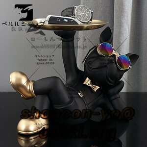 フレンチブルドッグの家の装飾 犬の像 テーブルの装飾 ステンレス鋼のトレイ 動物の置物 ブラック おしゃれ