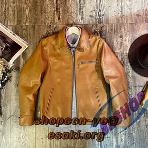 ヴィンテージ復刻デザイン カウレザー シングルライダースジャケット キャメル 革ジャン カフェレーサー S～2XL